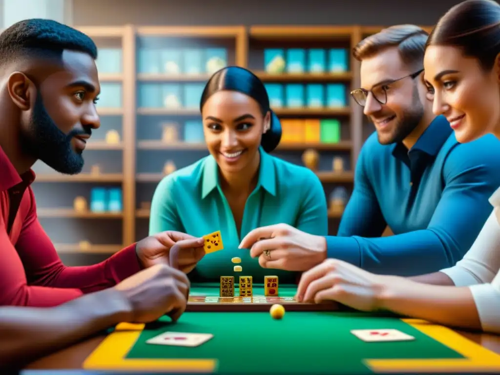 Un grupo diverso de jugadores inmersos en un juego estratégico, reflejando emoción y concentración