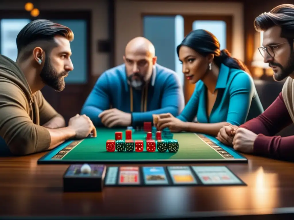 Emoción y estrategia: Jugadores inmersos en juegos de mesa Un grupo diverso de jugadores inmersos en un juego de mesa estratégico, reflejando el impacto de Twitch en juegos de mesa