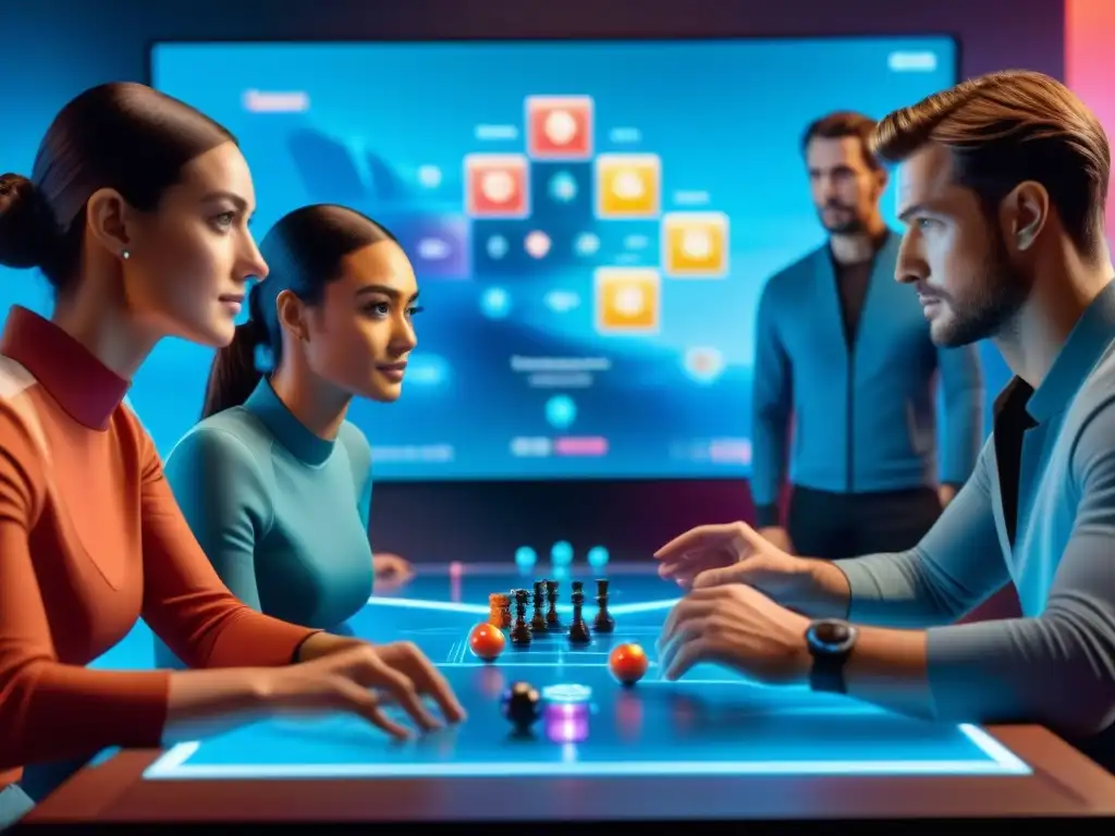 Partida futurista de tablero con inteligencia artificial Un grupo diverso de jugadores inmersos en un juego de mesa futurista con inteligencia artificial