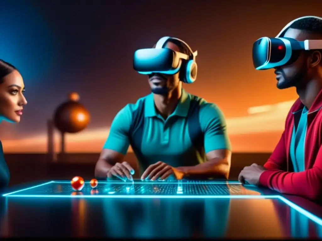 Grupo diverso de jugadores inmersos en juegos de mesa con realidad virtual, creando una experiencia futurista y envolvente