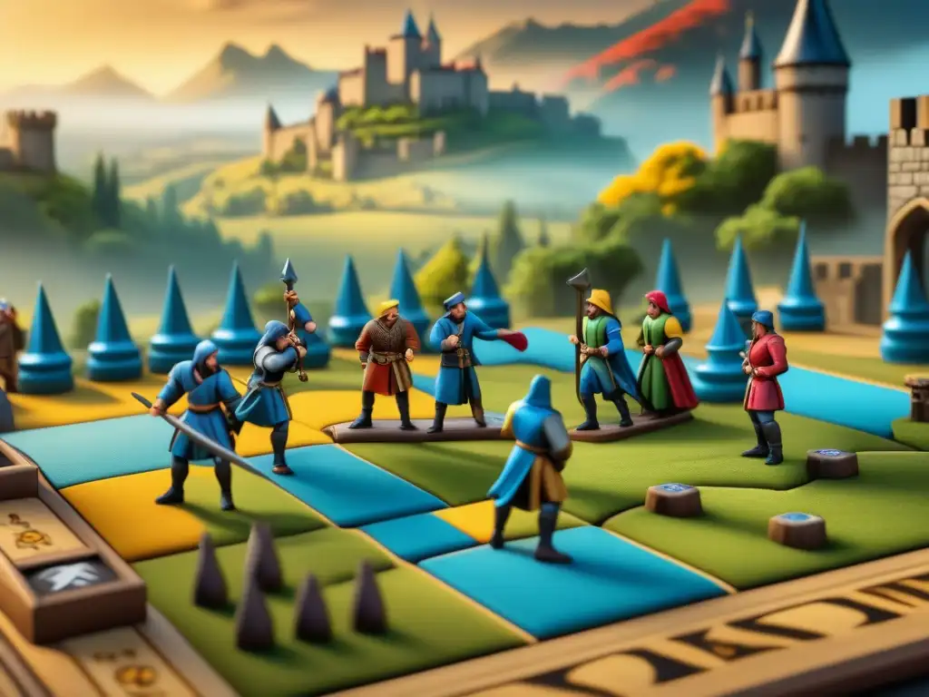 Un grupo diverso de jugadores se concentra en una intensa partida de Carcassonne, rodeados de un icónico paisaje medieval del tablero