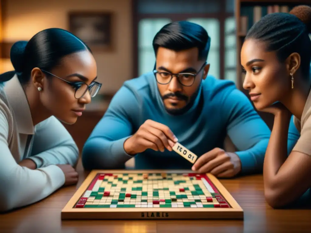 Un grupo diverso de jugadores se concentra en un juego de Scrabble en un ambiente acogedor con iluminación cálida y libros en estanterías