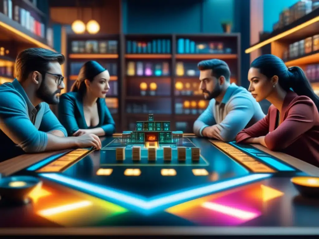 Un grupo diverso de jugadores se concentra en un juego de mesa innovador en un café lleno de juegos coloridos