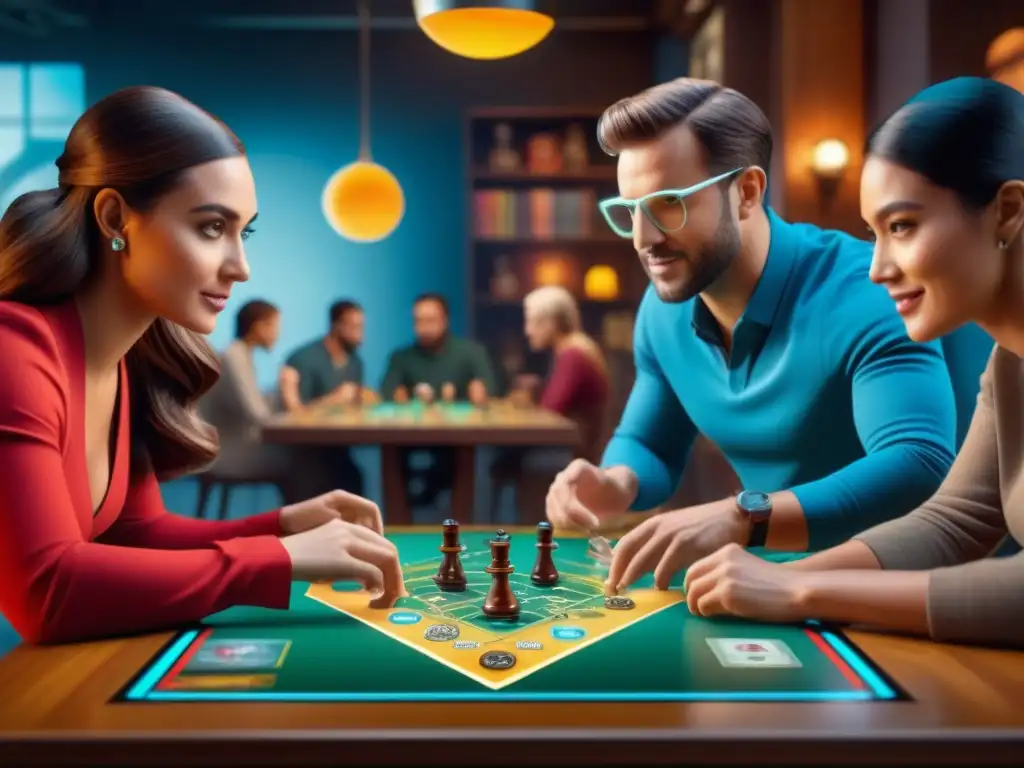 Un grupo diverso de jugadores disfruta intensamente un juego de mesa con realidad aumentada, fusionando lo clásico con lo moderno