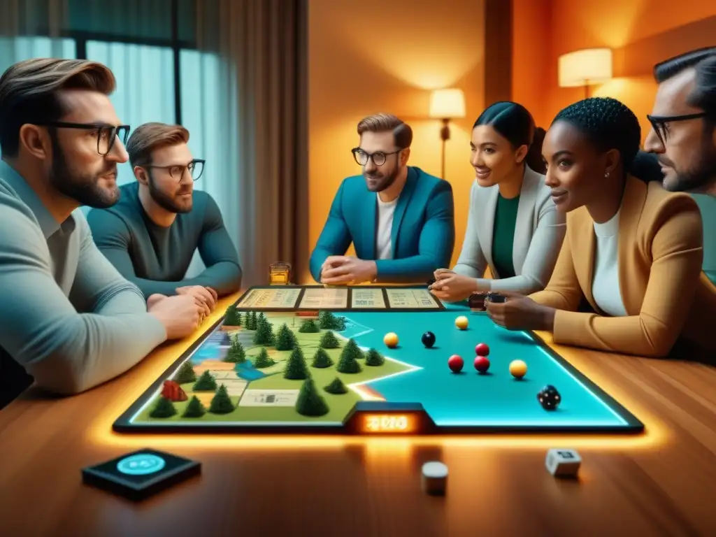 Grupo diverso de jugadores disfrutando de un juego de mesa futurista con Realidad Aumentada