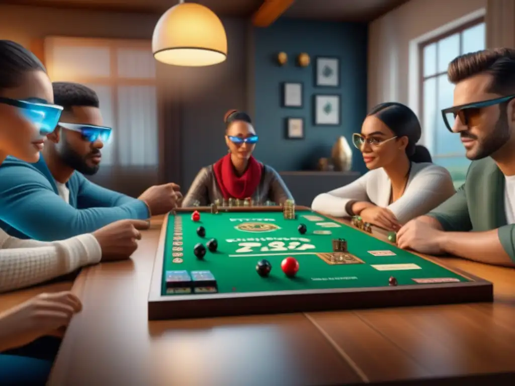 Grupo diverso de jugadores disfrutando de un juego de mesa con tecnología de realidad aumentada en una sala acogedora llena de juegos