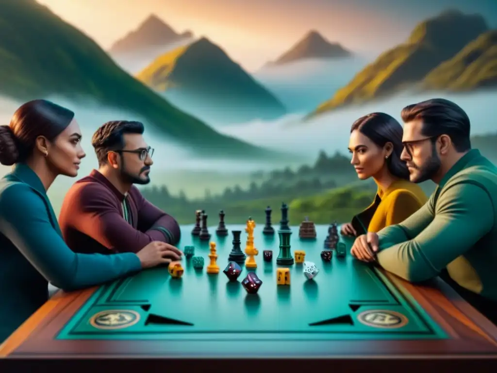 Jugadores de rol inmersos en un juego de mesa detallado y emocionante Un grupo diverso de jugadores de juegos de rol se reúne alrededor de un detallado tablero artesanal, inmersos en el desarrollo de trama en juegos de rol, con expresiones de emoción y concentración