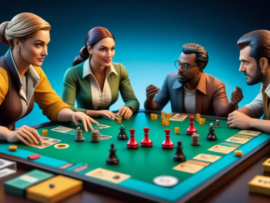 Jugadores inmersos en juego de mesa narrativo Un grupo diverso de jugadores de juegos de mesa inmersivos, concentrados en una compleja partida