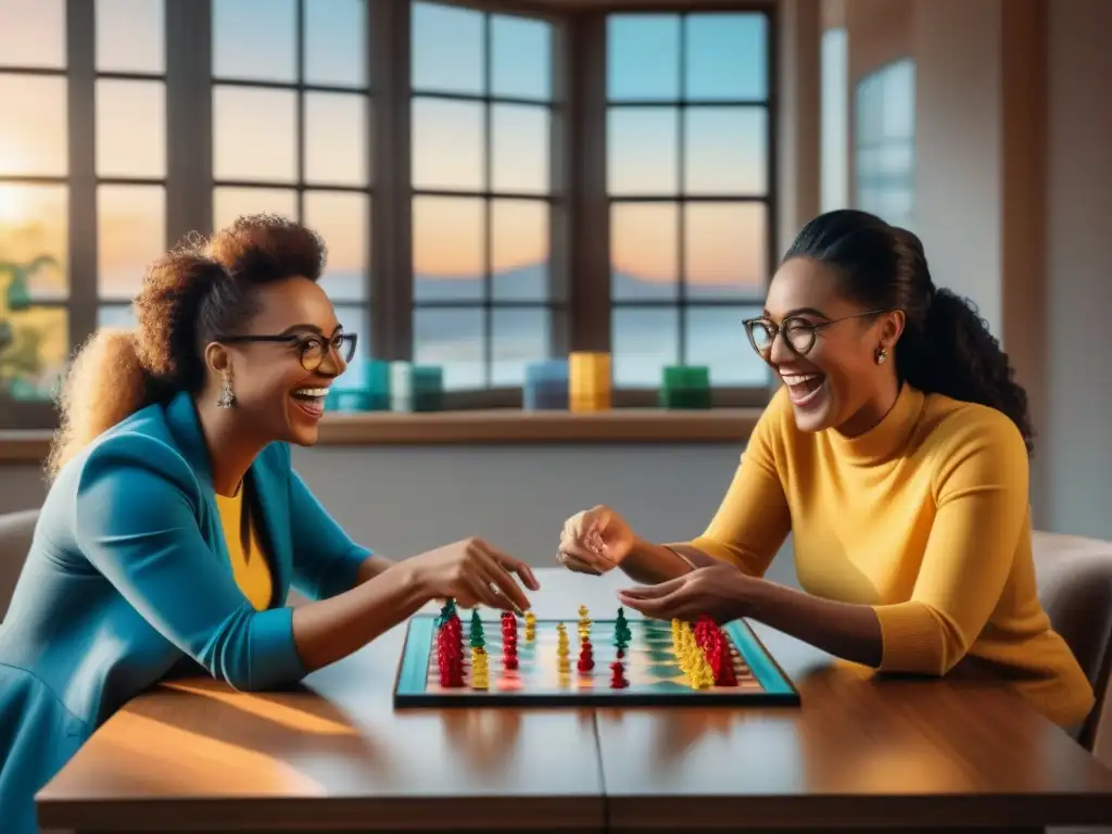 Grupo diverso de jugadores de juegos de mesa riendo alrededor de una mesa llena de juegos coloridos, cartas y dados
