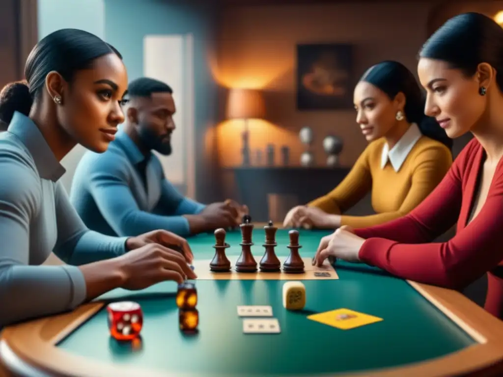 Un grupo diverso de jugadores de juegos de mesa concentrandos en la partida, mostrando dinámicas de desarrollo en juegos