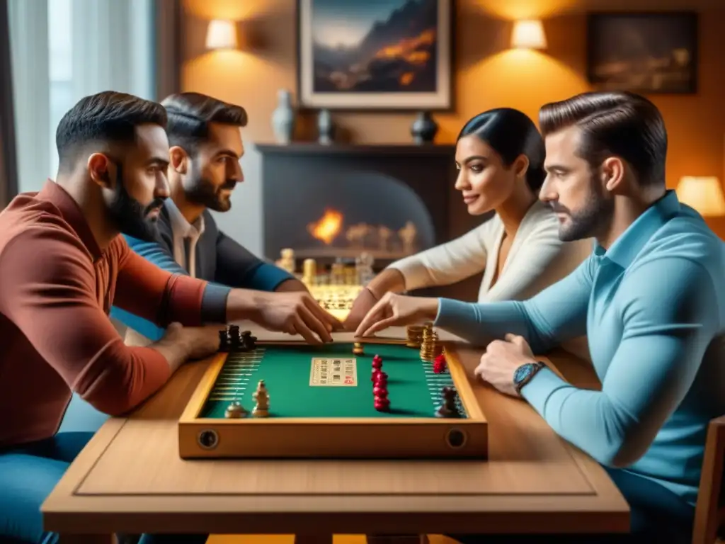 Un grupo diverso de jugadores de mesa disfrutando de juegos en una mesa ergonómica, en un ambiente acogedor y bien iluminado