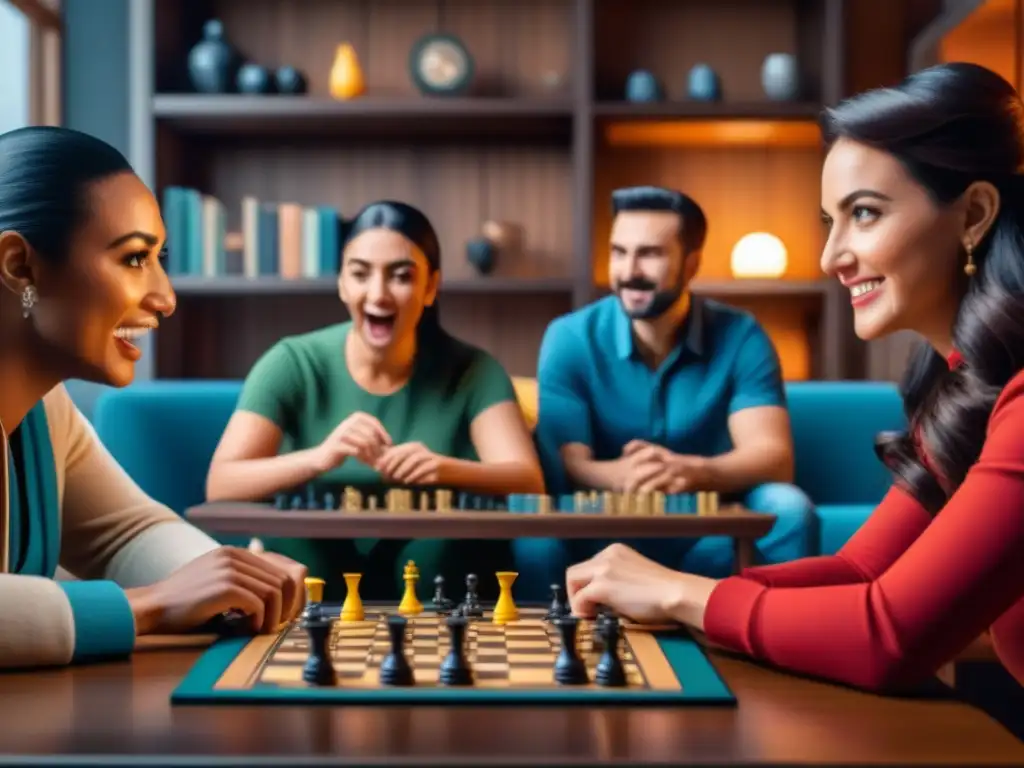 Grupo diverso de jugadores de mesa concentrados y alegres en una decisión clave, reflejando empatía y camaradería