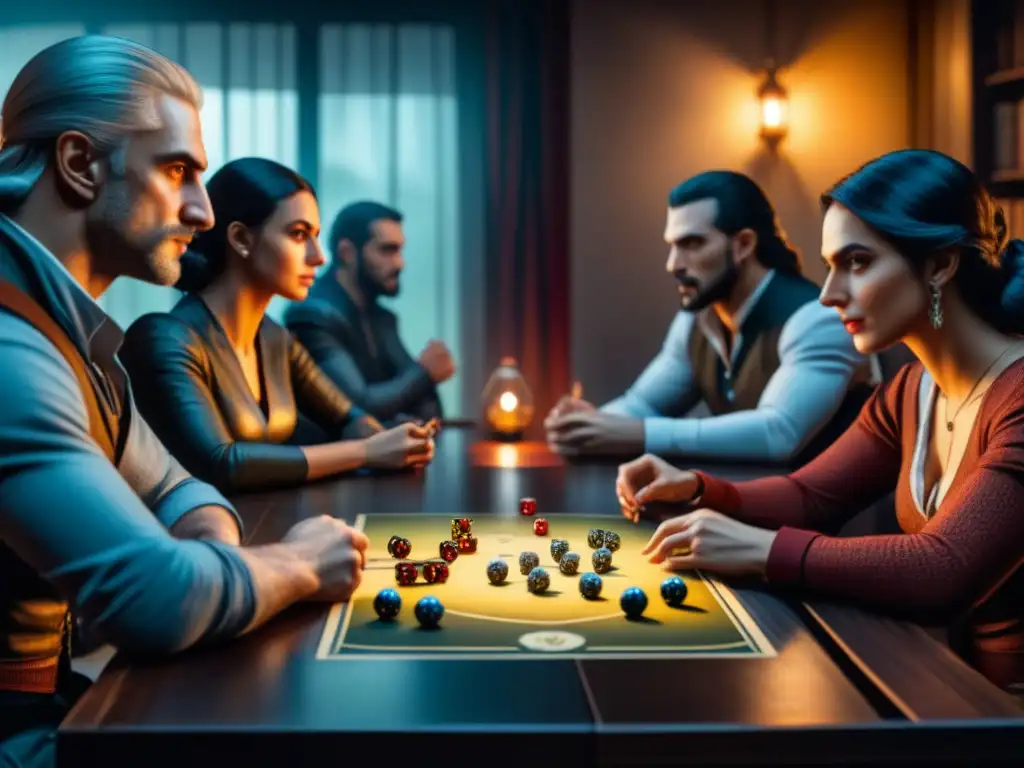 Un grupo diverso de jugadores de mesa se concentran en 'The Witcher: El juego de rol', con una atmósfera intensa de emoción y concentración