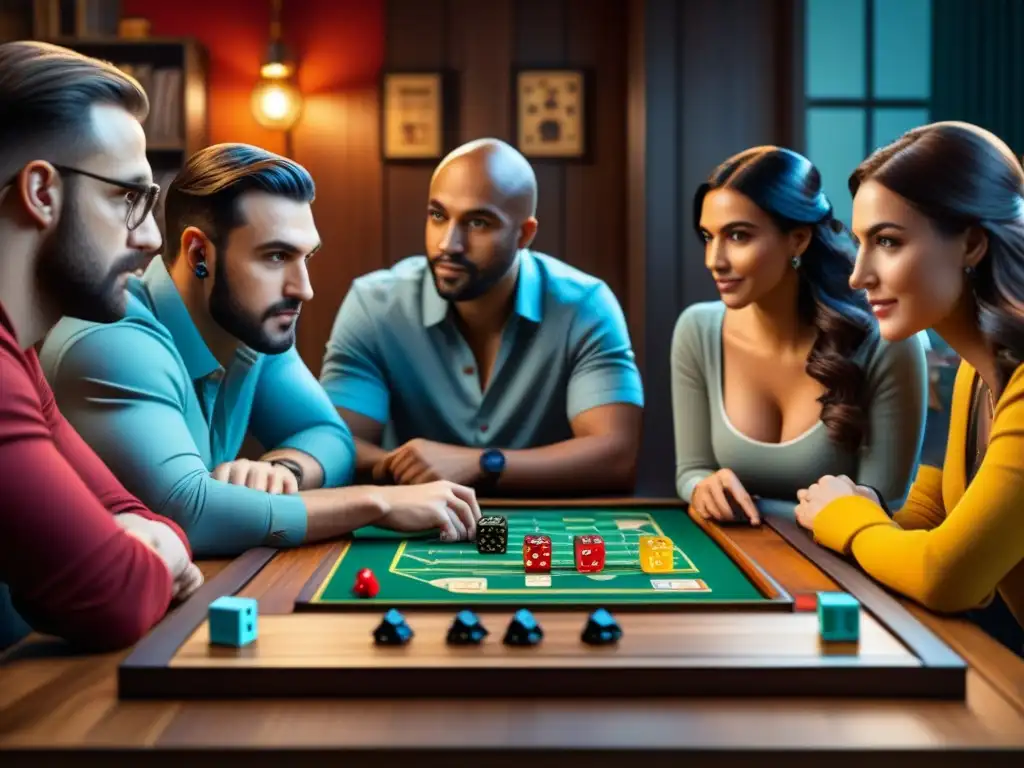 Un grupo diverso de jugadores de mesa inmersos en un emocionante juego estratégico en una mesa de madera
