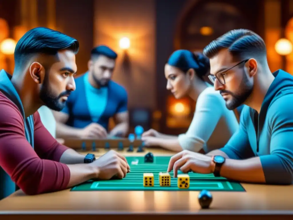 Jugadores de juegos de mesa en competencia y camaradería Grupo diverso de jugadores de juegos de mesa concentrados y competitivos, rodeados de tableros, dados y cartas