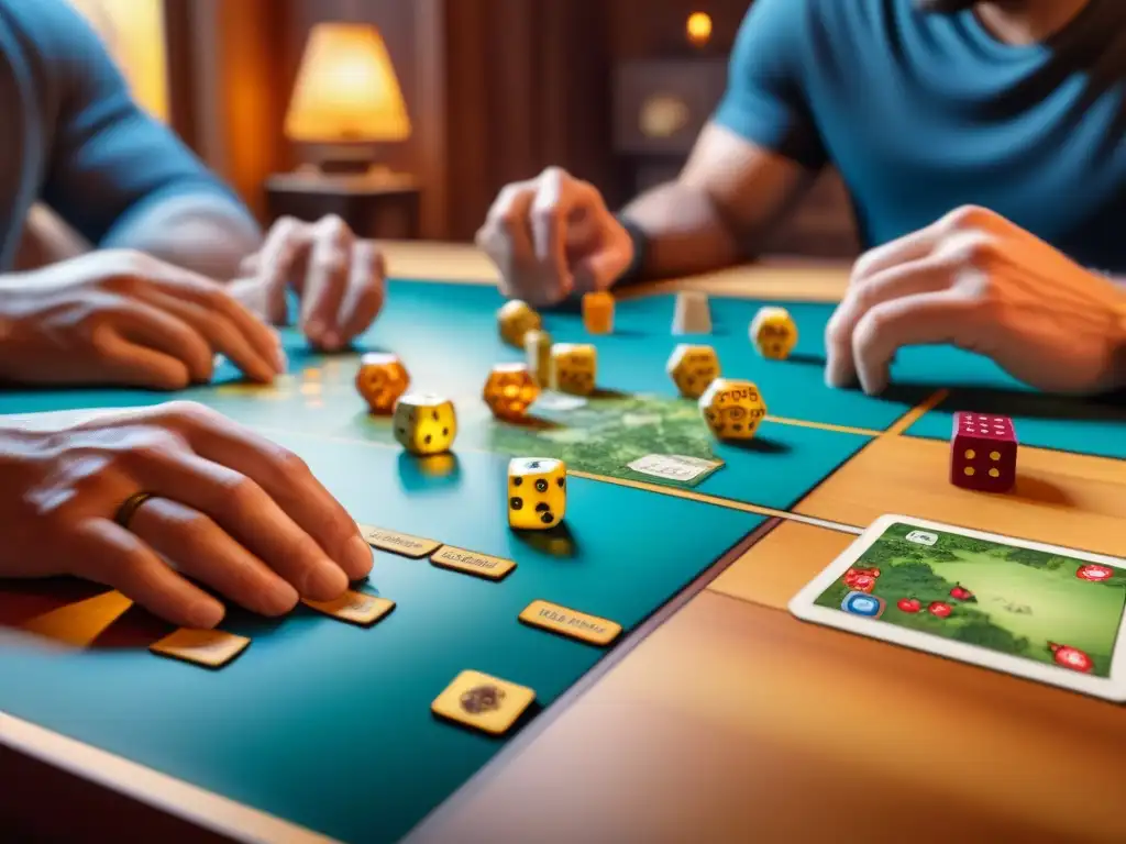 Un grupo diverso de jugadores de mesa compitiendo en Settlers of Catan, con intensa concentración y estrategia