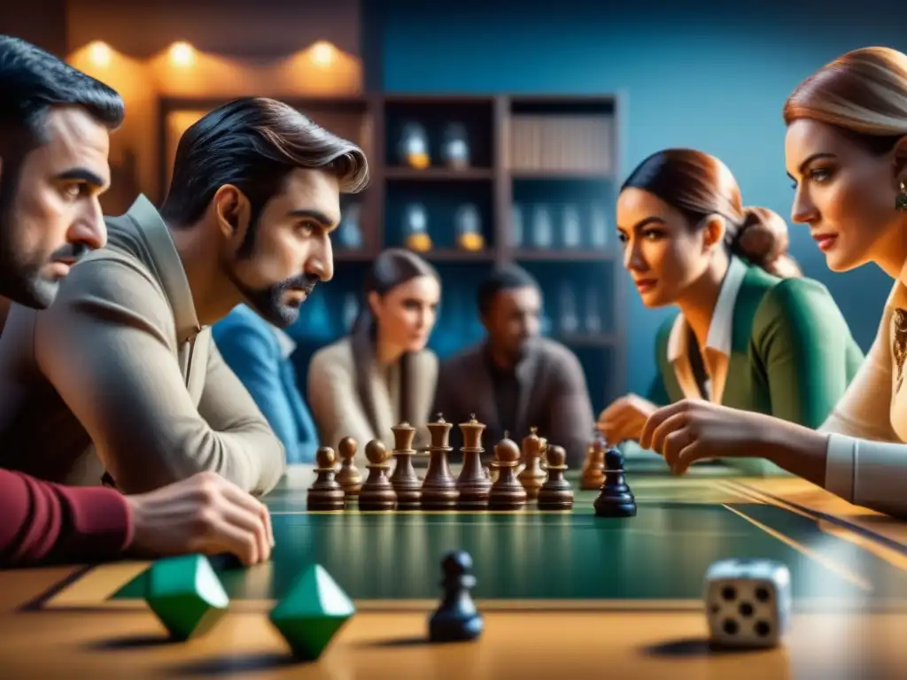 Jugadores de juegos de mesa inmersos en emoción y estrategia Un grupo diverso de jugadores de juegos de mesa concentrados y emocionados, rodeados de estanterías llenas de juegos