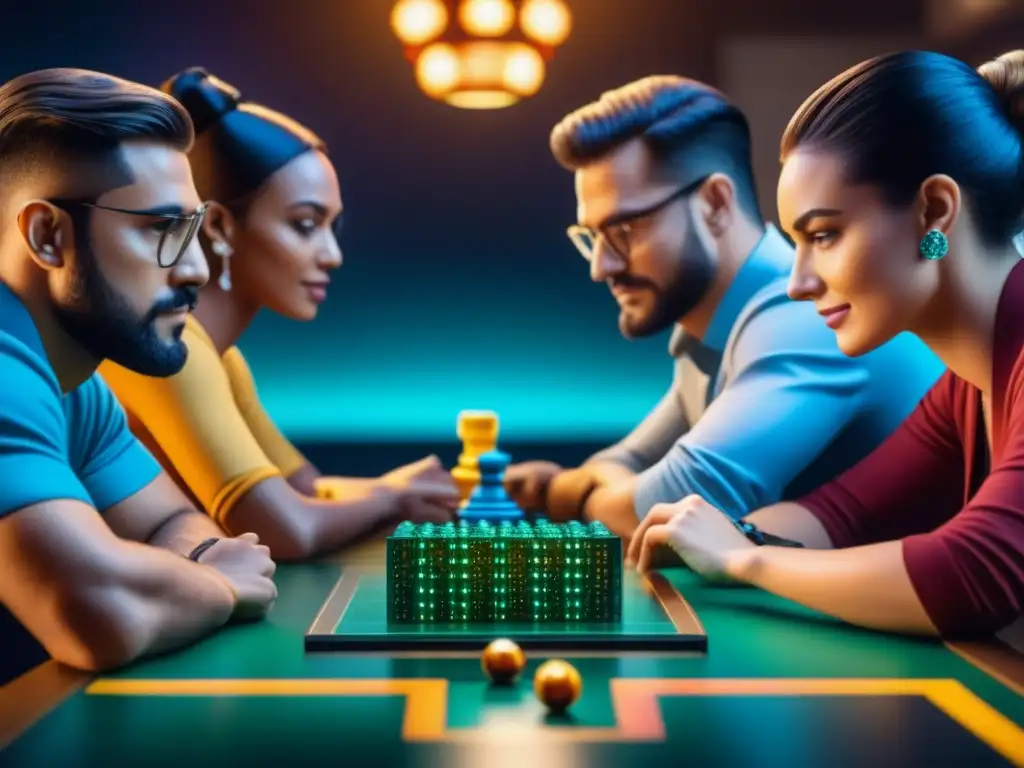 Un grupo diverso de jugadores de mesa inmersos en un juego moderno y tecnológico con interfaces de blockchain