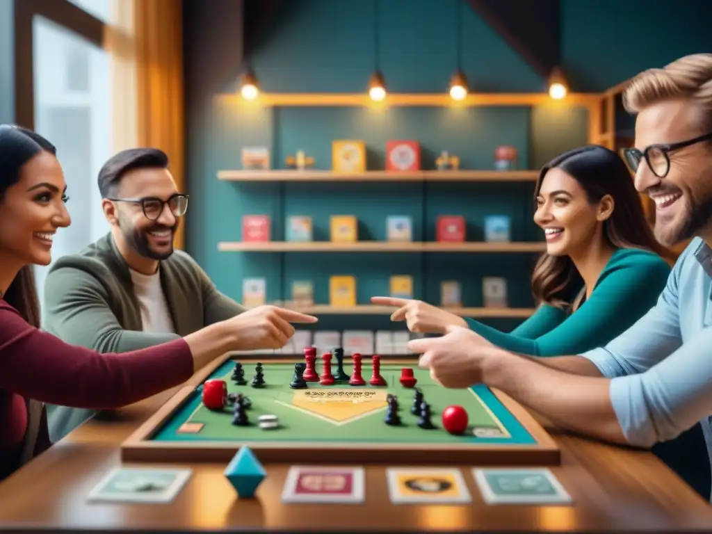 Grupo diverso de jugadores de juegos de mesa brindando feedback real en una cafetería acogedora y bien iluminada