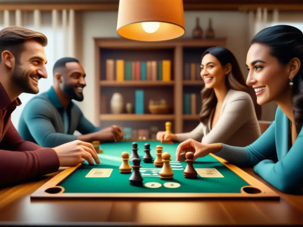 Grupo diverso disfrutando juntos de un juego de mesa en un ambiente acogedor