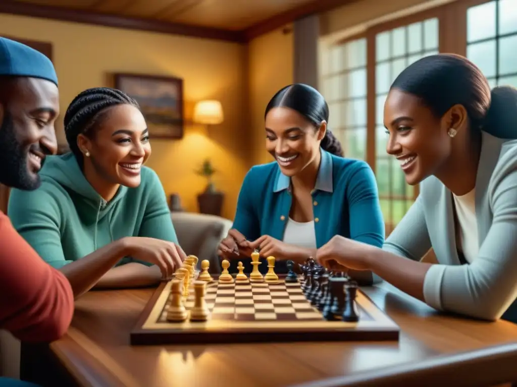 Grupo diverso disfrutando de los mejores juegos de mesa recomendados en sala acogedora y cálida, fomentando la camaradería y la diversión