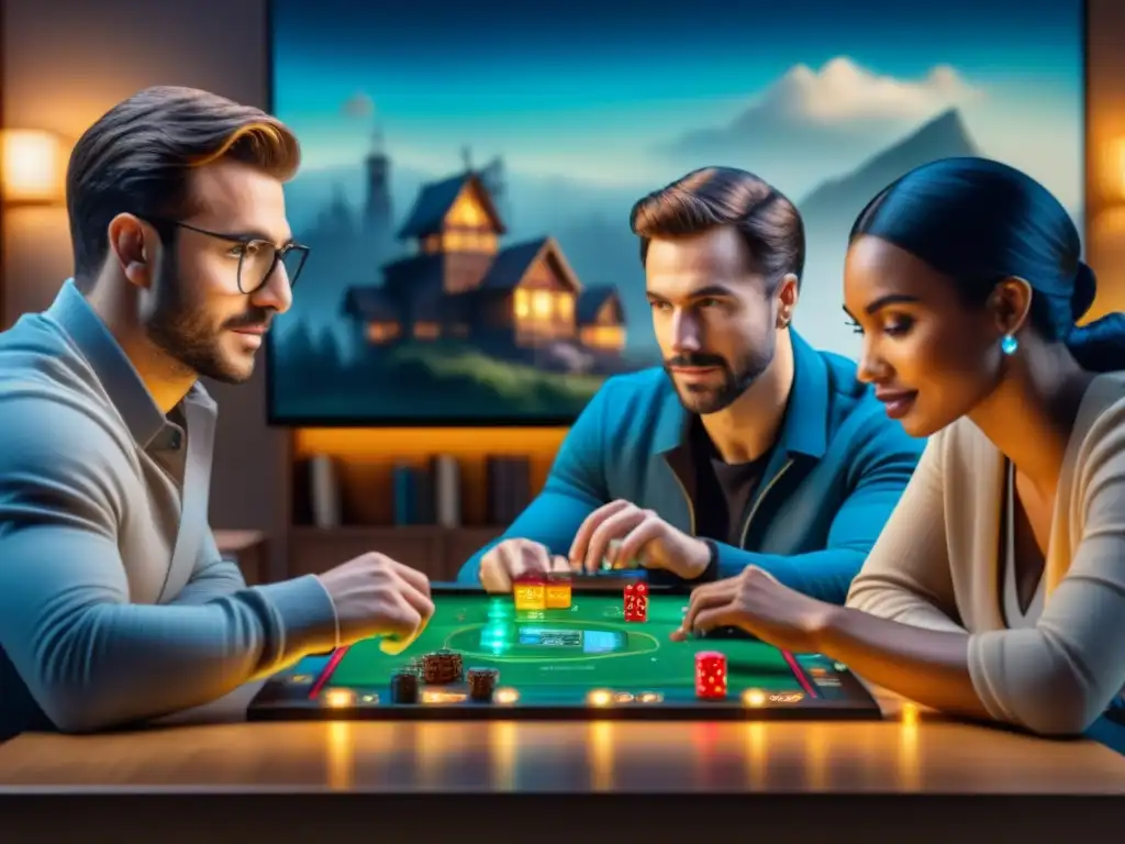 Grupo diverso juega intensamente en mesa de juegos moderna con NFC en juegos de mesa