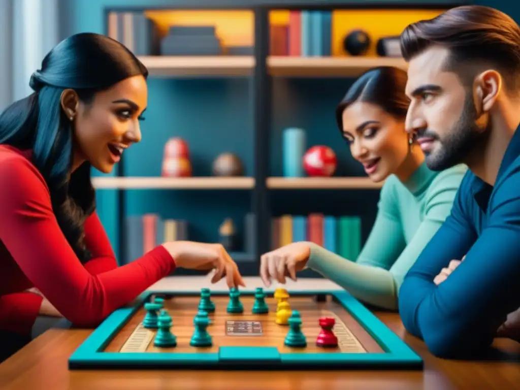 Un grupo diverso juega apasionadamente juegos de mesa modernos, mostrando emoción y concentración