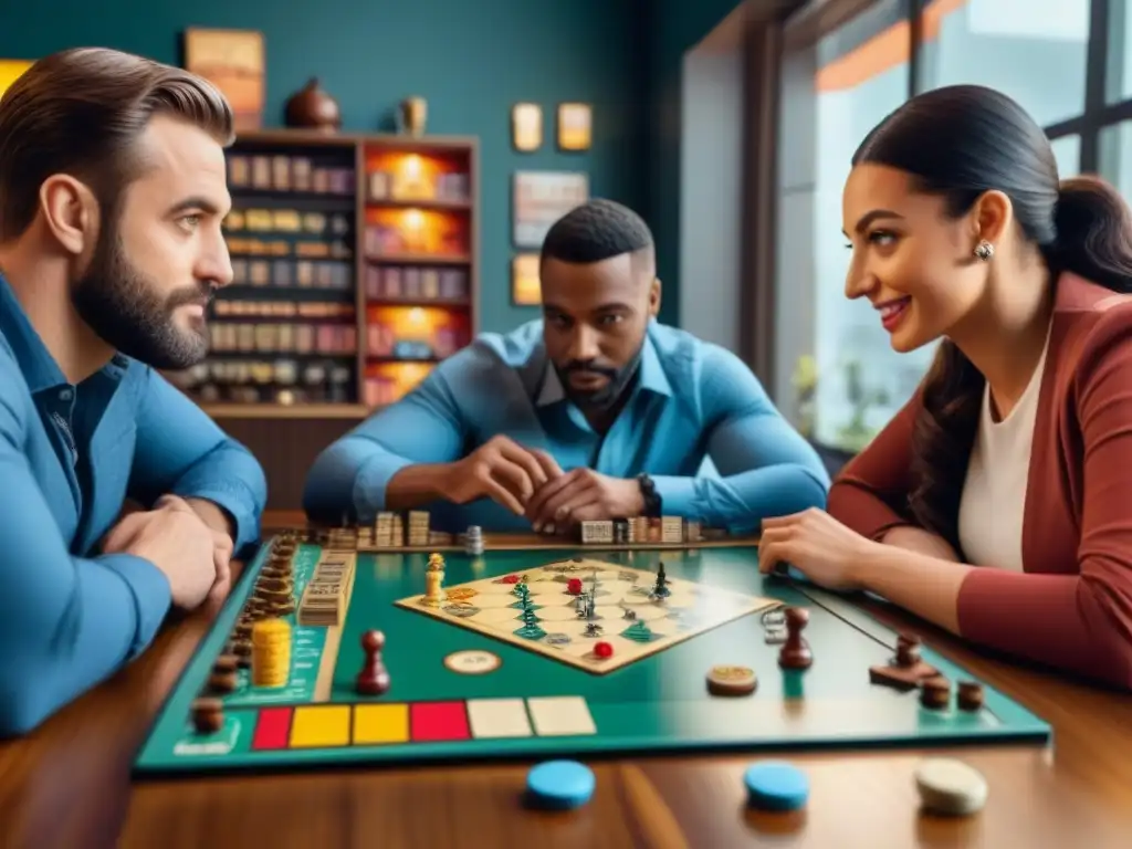 Un grupo diverso disfruta con pasión de juegos de mesa modernos reseñas en acogedor café, rodeados de cartas y piezas coloridas