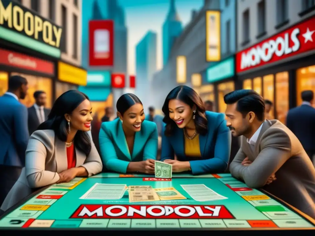 Grupo diverso juega Monopolio en plaza urbana, reflejando globalización del juego de mesa