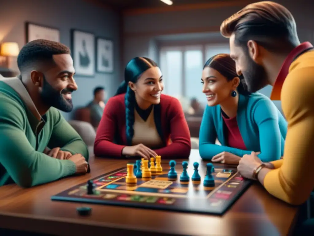 Emociones en juego: diversión y estrategia en grupo Un grupo diverso de niños y adultos disfrutan de juegos de mesa usados reutilizados en una habitación acogedora y llena de diversión