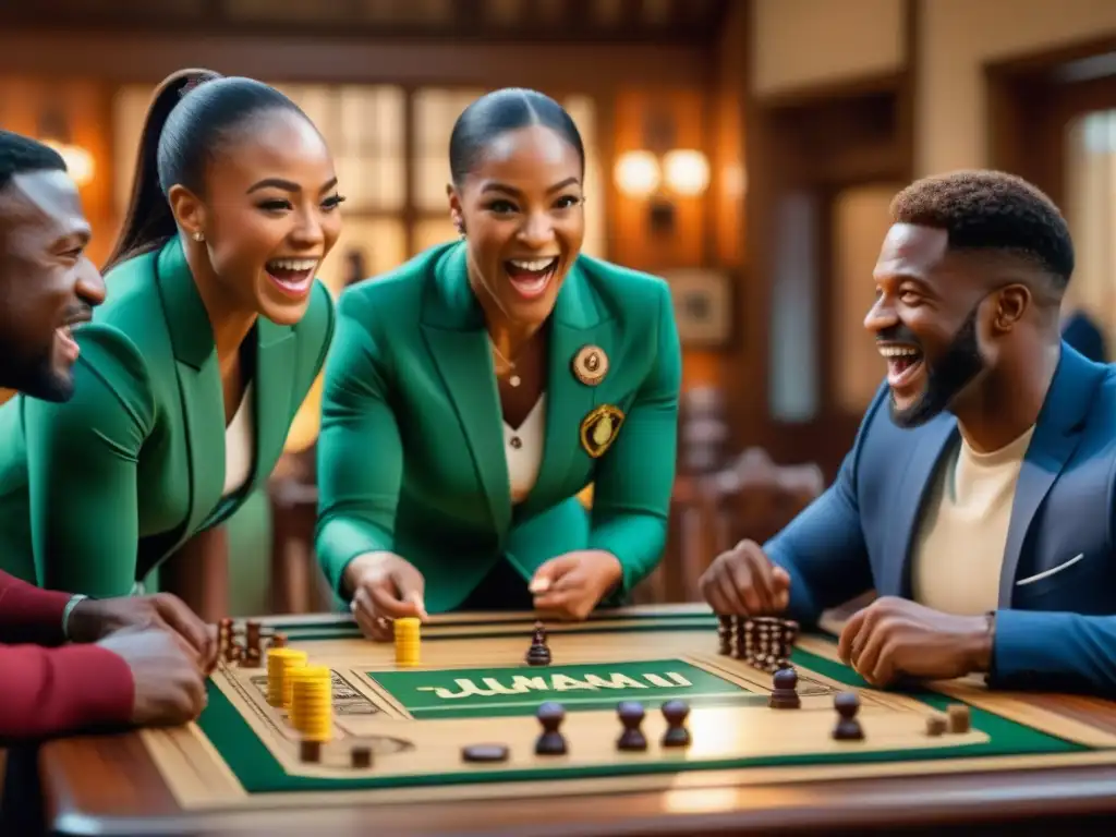 Un grupo diverso de niños y adultos emocionados rodea un detallado juego de mesa Jumanji en una habitación acogedora llena de juegos