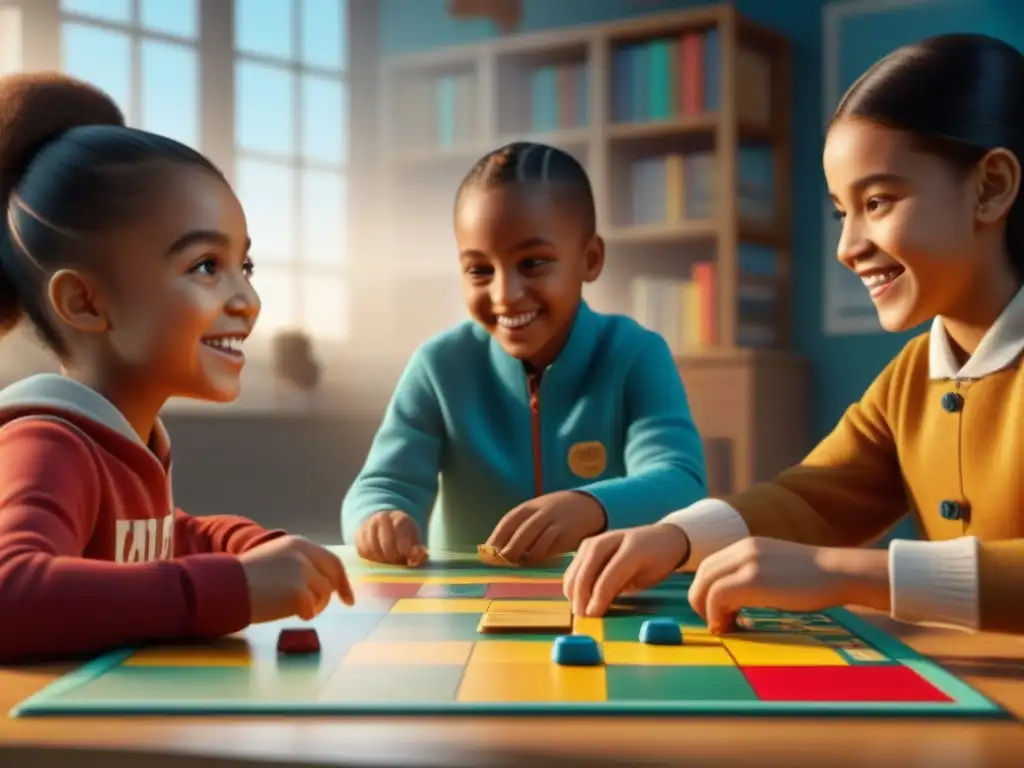 'Grupo diverso de niños disfrutando aprendizaje activo con juegos de mesa en aula iluminada y colorida