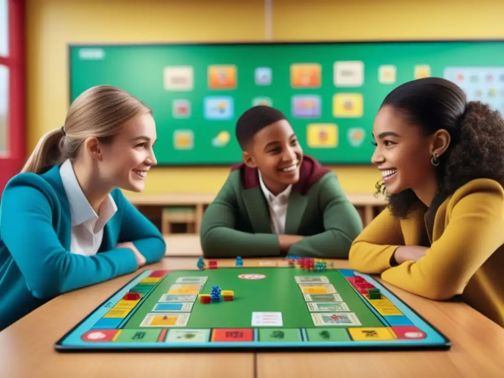 Grupo diverso de niños disfrutando de beneficios juegos de mesa salud en alegre aula escolar