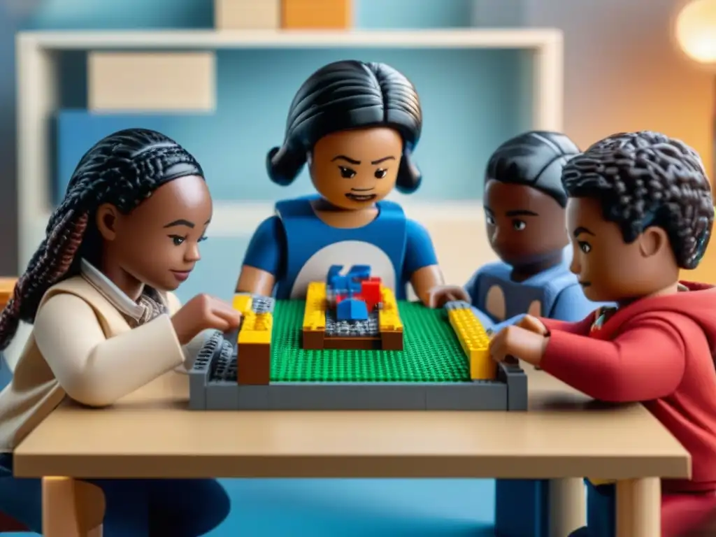 Grupo diverso de niños construyendo con bloques Lego Creator en una mesa