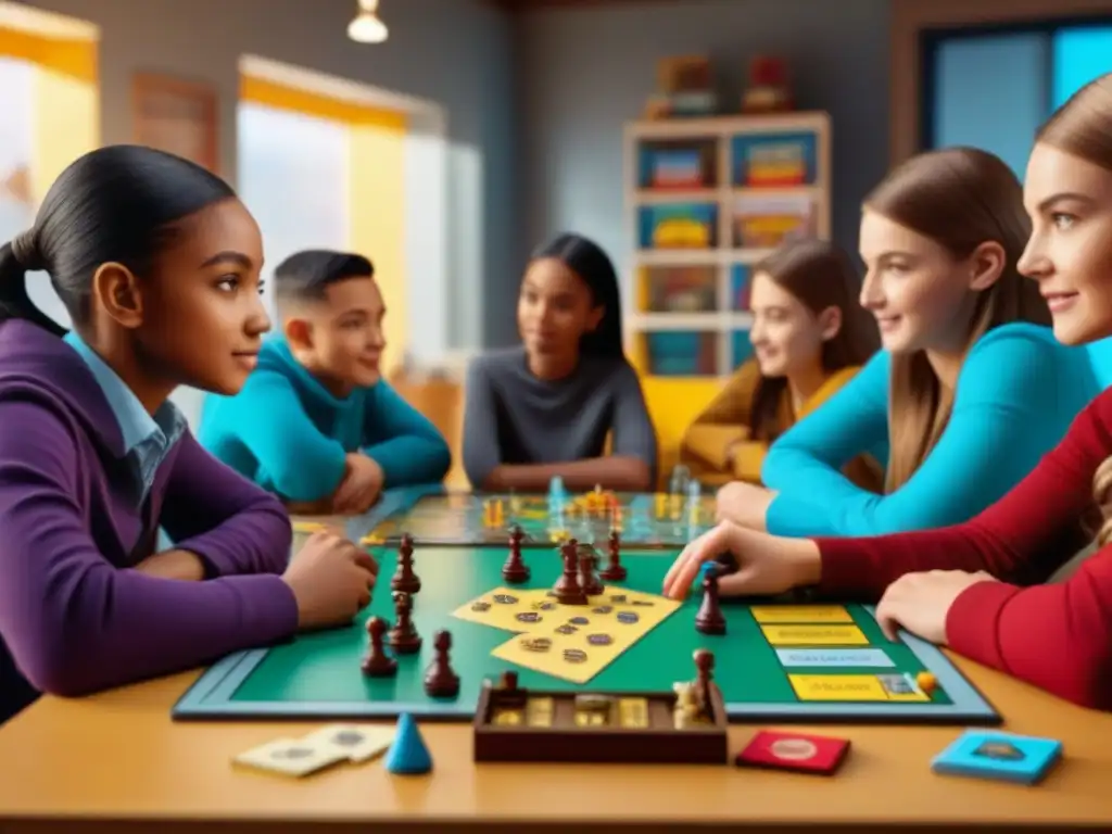 Grupo diverso de niños en clase, concentrados en juegos de mesa para pensamiento crítico