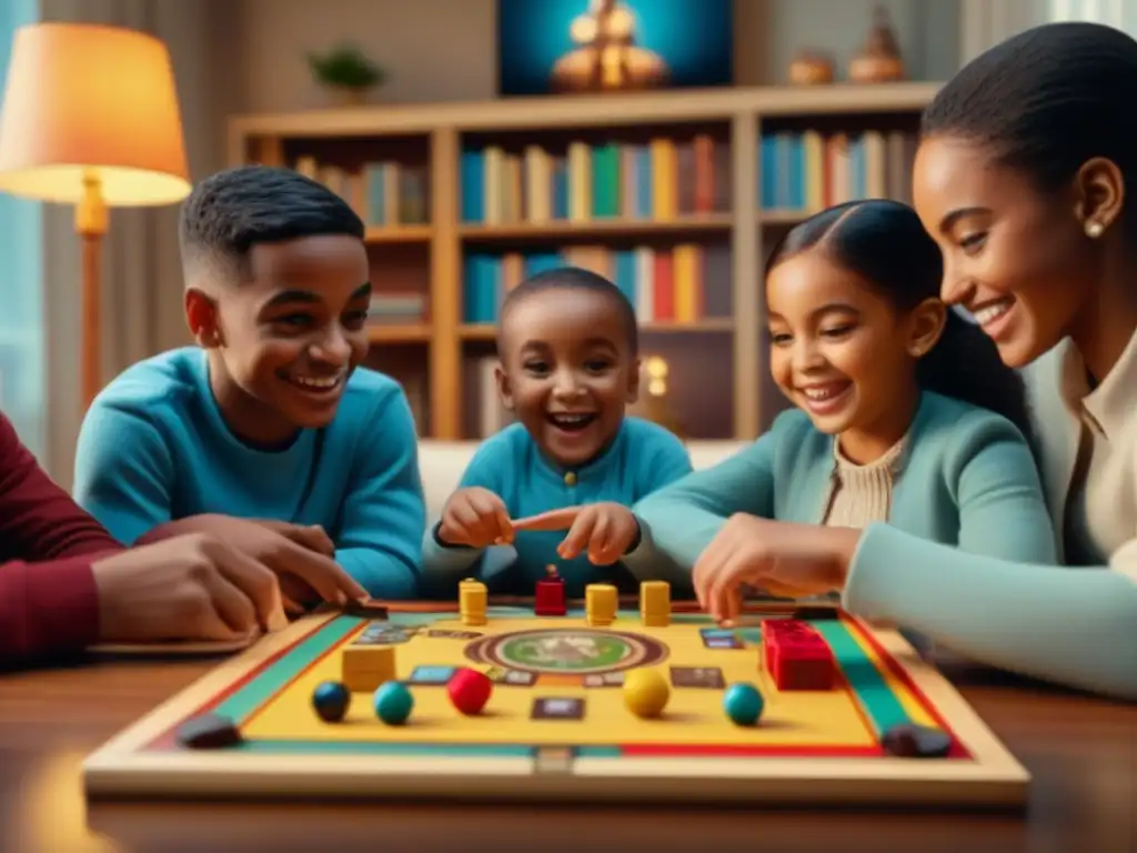 Niños felices aprendiendo juntos con juegos de mesa educativos Un grupo diverso de niños juega entusiastamente un colorido juego de mesa educativo en una acogedora sala llena de libros