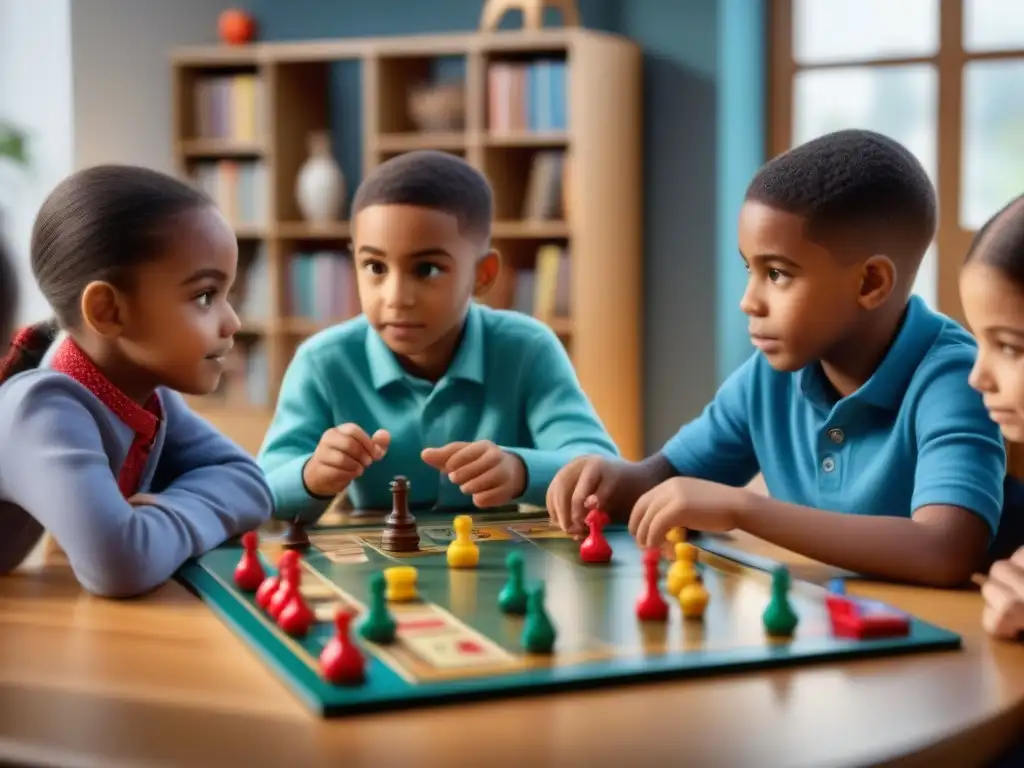 Un grupo diverso de niños concentradamente juega un juego de mesa, fomentando el pensamiento crítico y la colaboración
