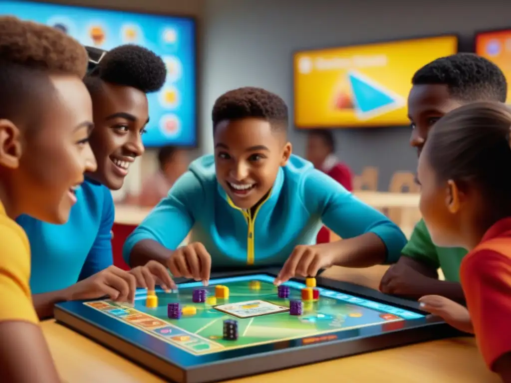 Un grupo diverso de niños juega concentrado en un juego de mesa pantalla táctil en un aula moderna y colorida