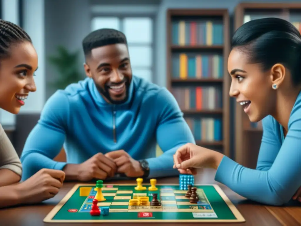 Un grupo diverso de niños concentrados y emocionados jugando un juego de mesa sobre educación financiera en un ambiente educativo acogedor