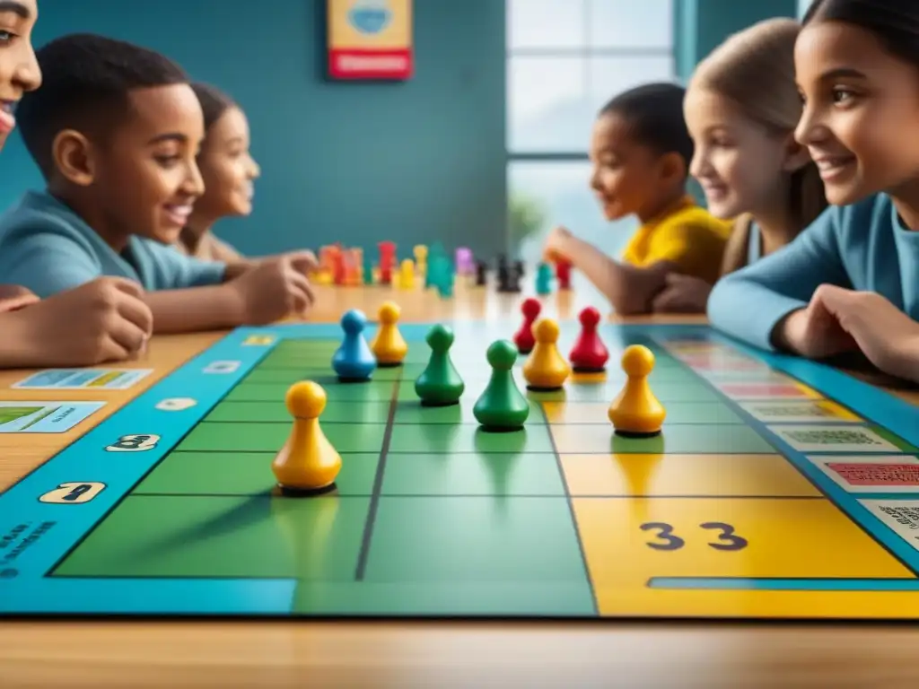 Un grupo diverso de niños concentrados y felices jugando juegos de mesa, desarrollando habilidades numéricas en un aula vibrante