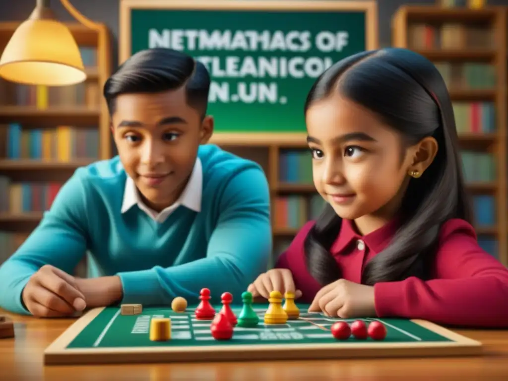 Un grupo diverso de niños concentrados y emocionados jugando un juego de mesa de habilidades numéricas en un ambiente educativo colorido