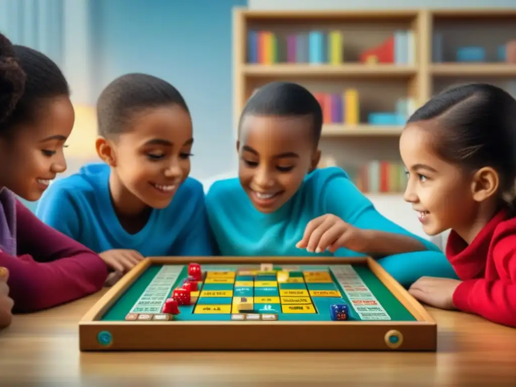 Grupo diverso de niños concentrados en juegos de mesa educativos, fomentando la concentración