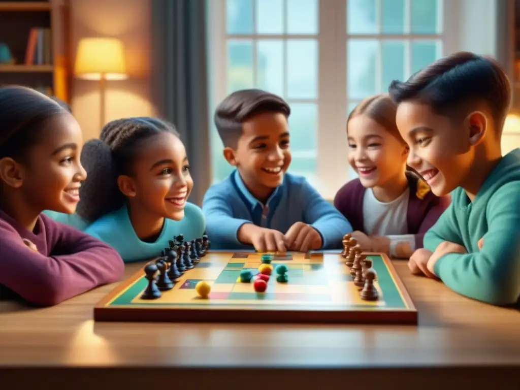 Grupo diverso de niños concentrados y alegres jugando un juego educativo de mesa