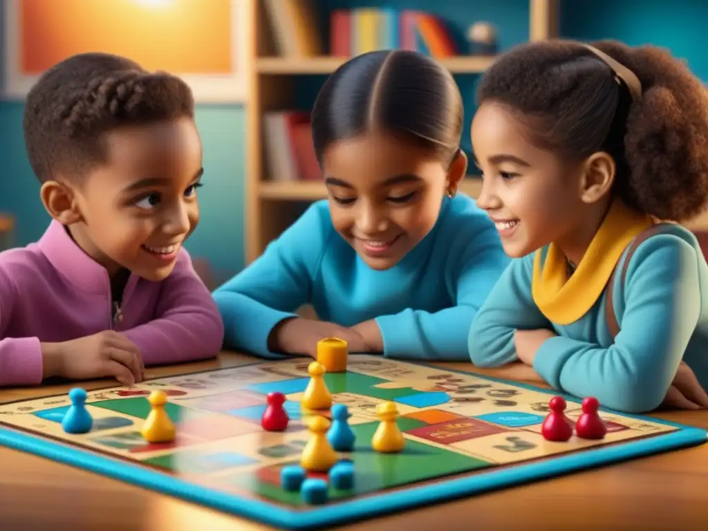 Un grupo diverso de niños concentrados y alegres jugando alegremente un Juego de mesa educativo en un aula luminosa y estimulante