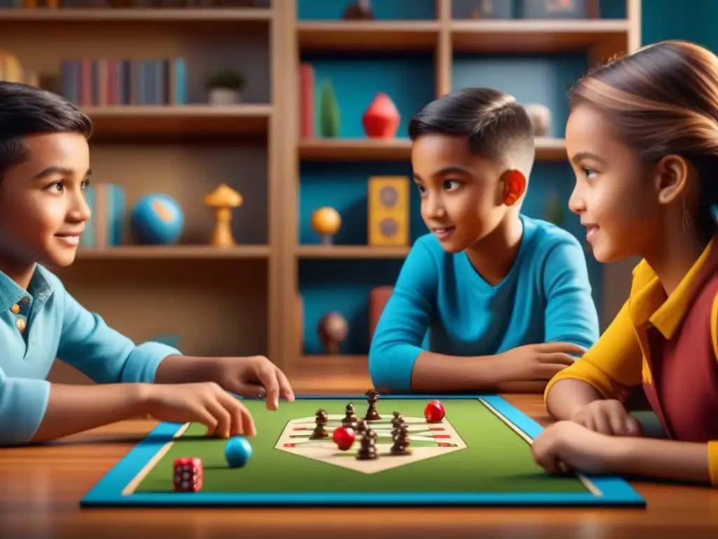 Grupo diverso de niños concentrados jugando a un juego de mesa estratégico