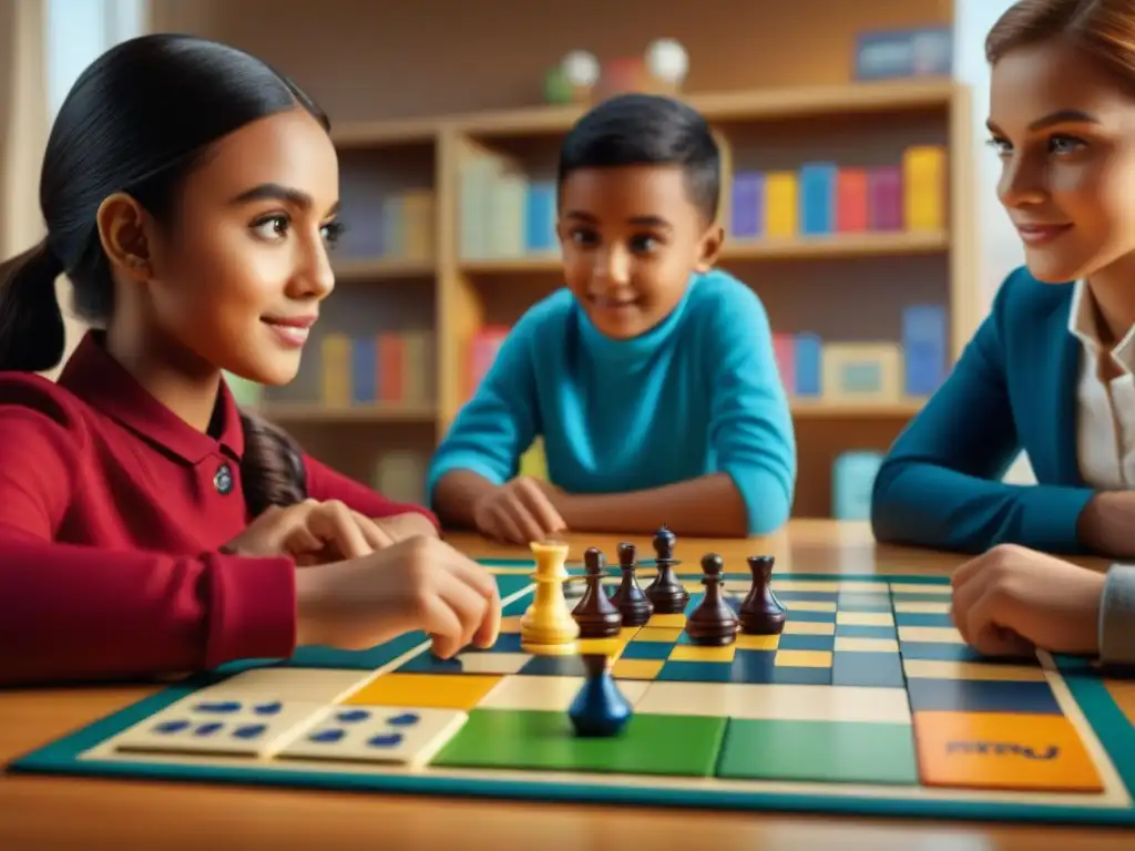 Un grupo diverso de niños concentrados juega 'Rummikub Junior' en una mesa rodeada de juegos de mesa educativos