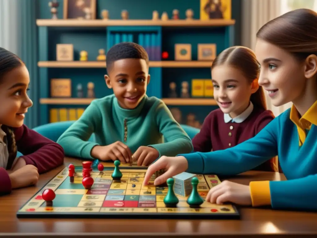 Grupo diverso de niños concentrados y emocionados jugando un juego de mesa