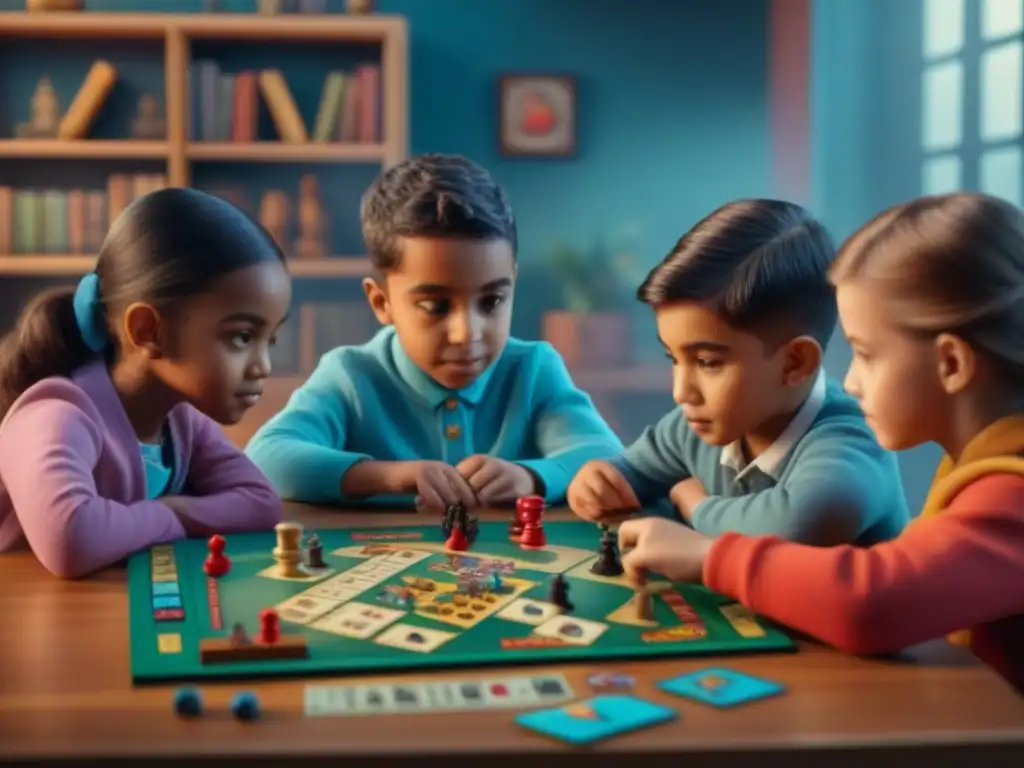 Grupo diverso de niños concentrados en un juego de mesa, disfrutando juntos