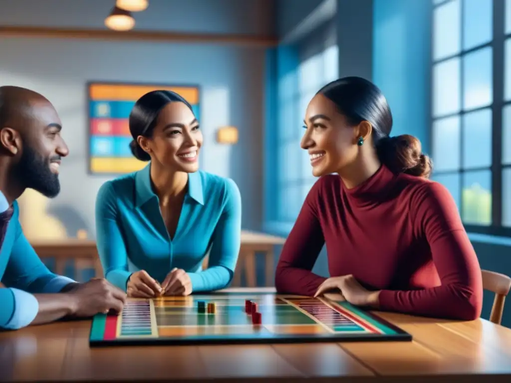 Un grupo diverso de niños concentrados y alegres jugando juegos de mesa educativos en un aula luminosa y acogedora