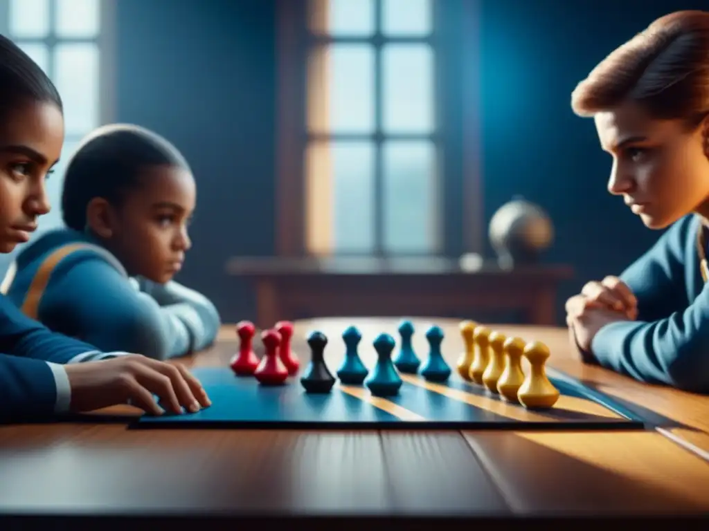 Grupo diverso de niños concentrados en estrategias ganadoras de juegos de mesa, piezas coloridas sobre mesa de madera